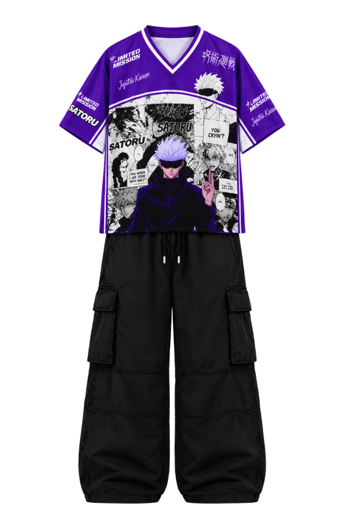 Gojo Outfit — Premium anime archive look featuring custom Jujutsu Kaisen Gojo jersey and matching multi-pocket cargo pants.