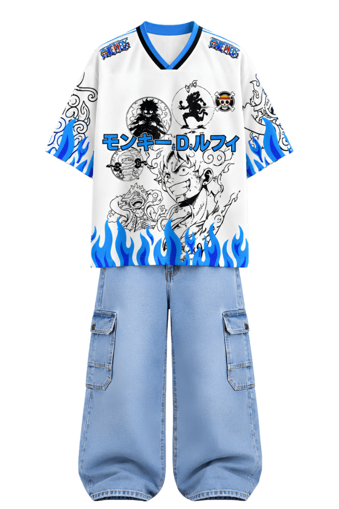 Luffy Blue Flame Outfit — Premium anime archive look featuring custom One Piece Luffy blue flame v-neck jersey and matching light blue denim cargos.
