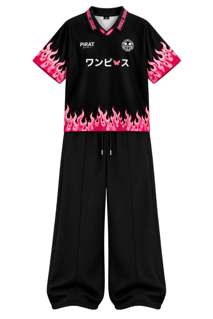 OP Flame Outfit — Premium anime archive look featuring custom One Piece flame collar jersey and matching wide-leg trousers.