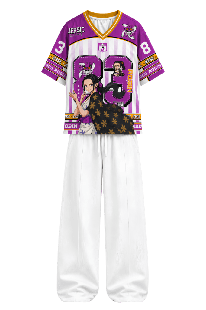 Robin Purple Outfit — Premium anime archive look featuring custom Nico Robin purple jersey and matching white wide-leg trousers.