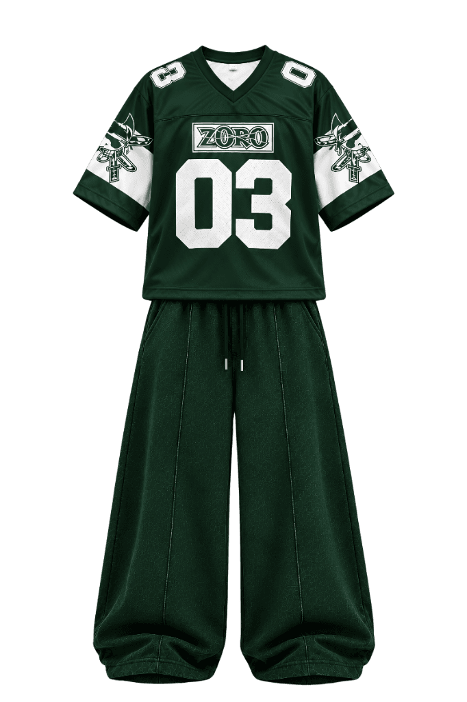 Zoro Green Outfit — Premium anime archive look featuring custom Roronoa Zoro green jersey and matching dark green wide-leg track pants.
