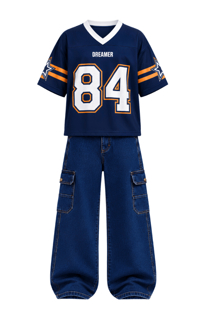 Dreamer 84 Outfit Two-piece street athletic suit featuring the oversized Dreamer 84 mesh v-neck jersey styled with deep indigo wide-leg cargo denim.