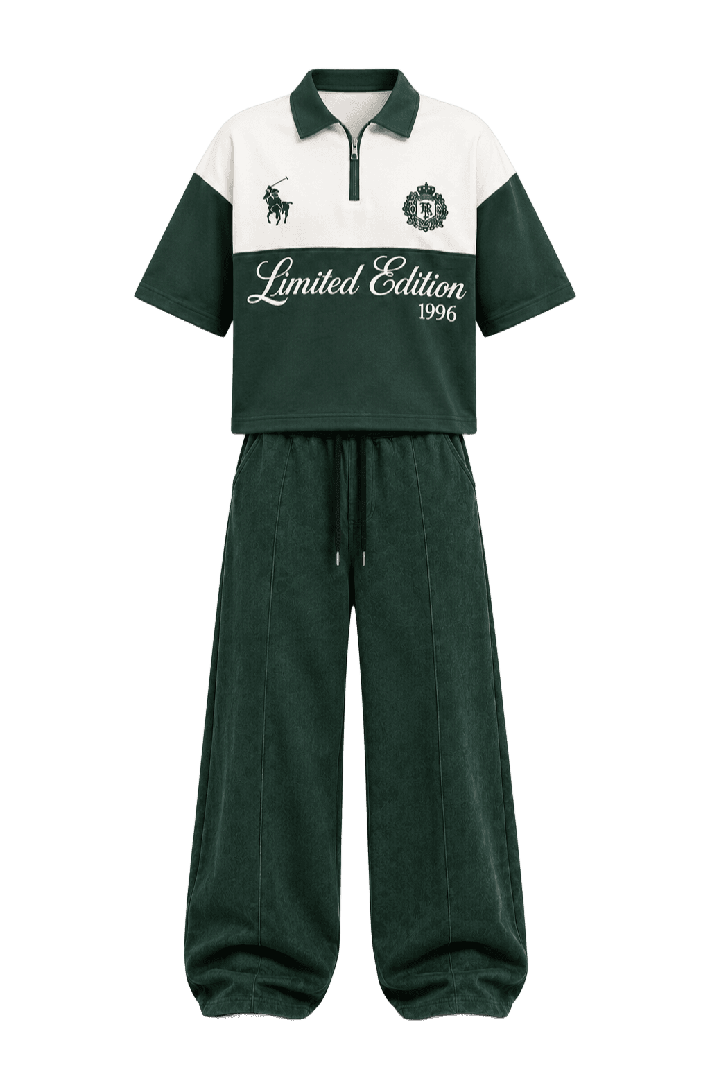 Limited Edition 1996 Green Outfit Two-piece bespoke ensemble pairing the signature 1996 quarter-zip forest green polo withdark green Baggy Fleece Streetwear Sweatpants..