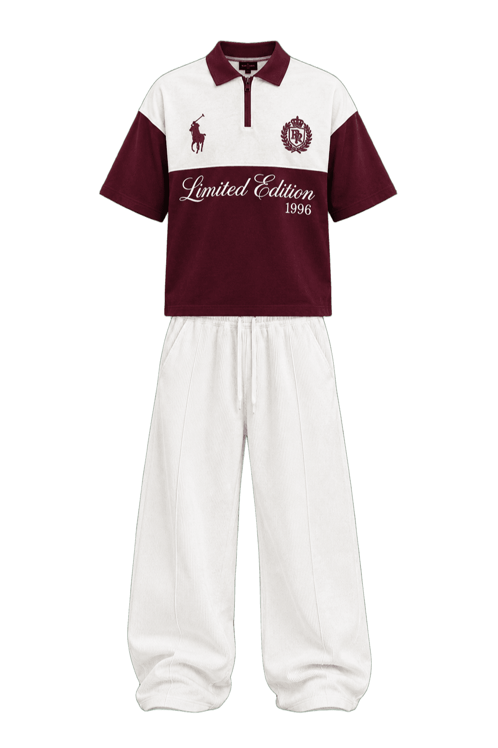Limited Edition 1996 Red Outfit Two-piece bespoke ensemble pairing the signature 1996 quarter-zip burgundy polo with pleated chalk-white corduroy trousers.