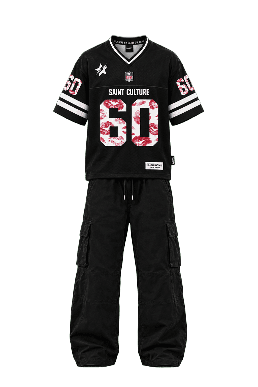 Saint Culture Outfit Archival two-piece suite combining the Saint Culture v-neck athletic jersey with baggy cotton cargo trousers.
