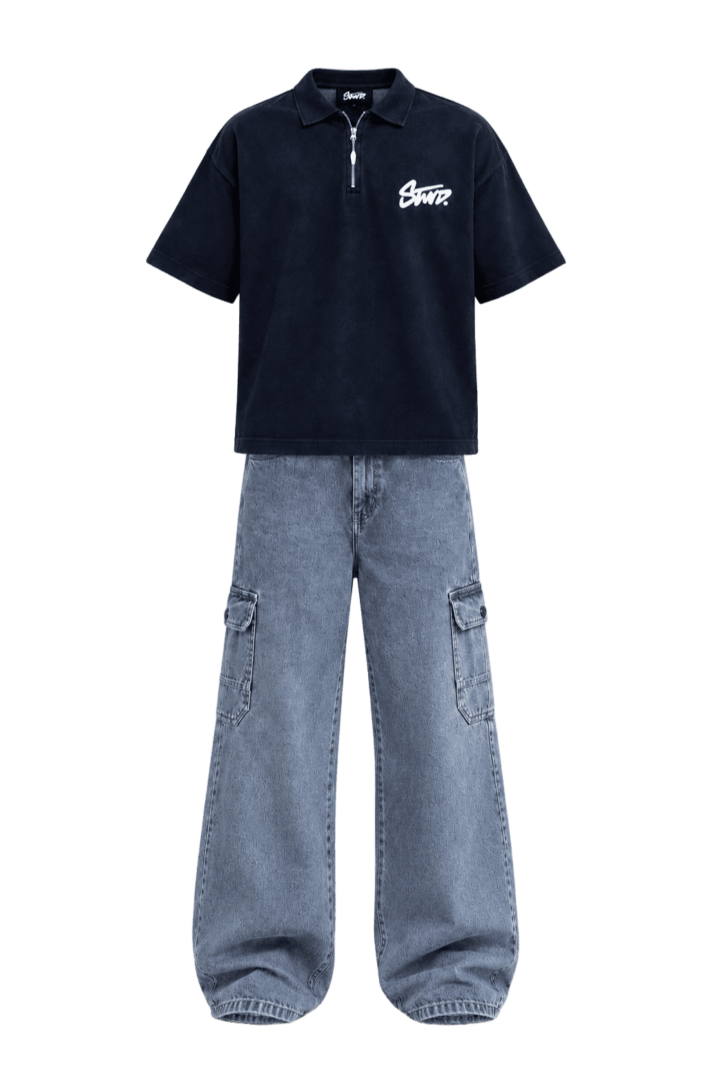 STWD Quarter-Zip & Cargo Denim Outfit Two-piece street-engineered outfit combining the obsidian STWD quarter-zip polo shirt with relaxed wide-leg cargo denim.
